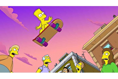 Барт Симпсон мчится по крышам на скейтборде