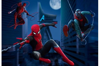 Три персонажа Человека-паука летят в ночи