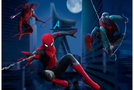 Три персонажа Человека-паука летят в ночи