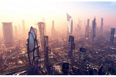 Восход над фантастическим городом из будущего 3D