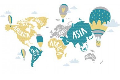 Детская графическая иллюстрация карты мира с шарами