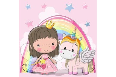 Маленькая принцесса и единорожка на фоне радуги