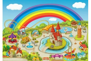 Большая сказочная ярмарка на красивом фоне радуги