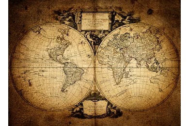Древняя карта мира двух полушарий на пергаменте