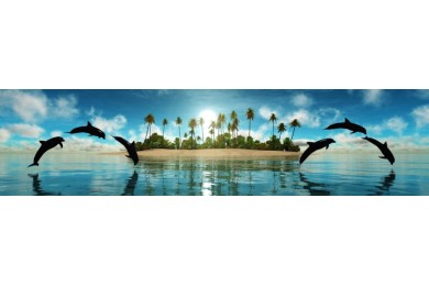  Дельфины играют на фоне тропического острова