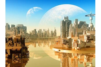 Город будущего с фантастическим пейзажем