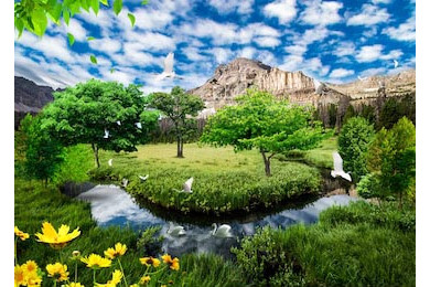 Зеленый ландшафт с горной речкой и белыми голубями Зеленый ландшафт с горной речкой и белыми голубями