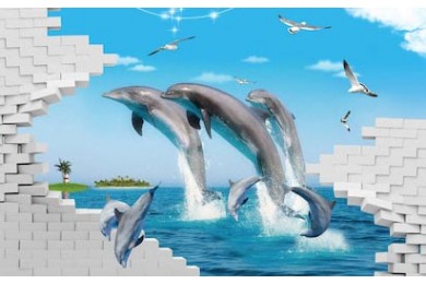 Дельфины над водой сквозь белую кирпичную стену