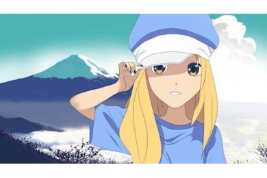 Девушка аниме в кепке возле горы Фудзи