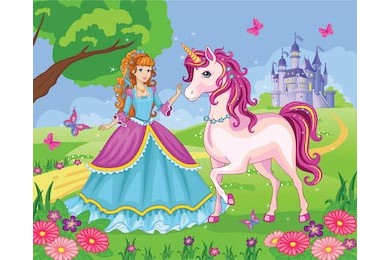 Волшебный пейзаж красивая принцесса с единорогом