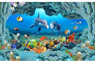 Иллюстрация рыб и дельфинов с корраловыми рифами