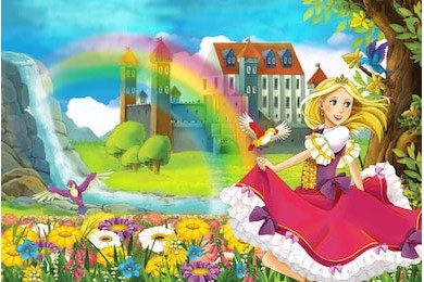 Маленькая принцесса в платье бежит по полянке