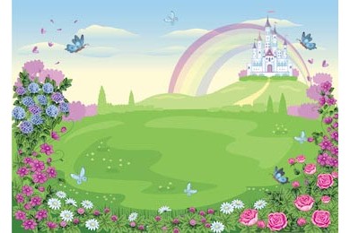 Волшебная страна с цветочным лугом замком принцессы