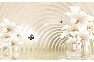 3D иллюстрация цветов и бабочек на фоне спирали