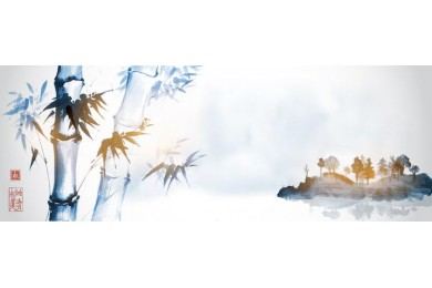 Бамбуковые деревья и остров в тумане на белом фоне