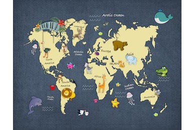 3D дизайн карта мира с животными для фотостены