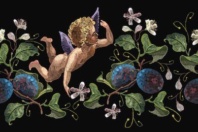 Вышитый ангелок среди спелых слив на черном фоне Вышитый ангелок среди спелых слив на черном фоне