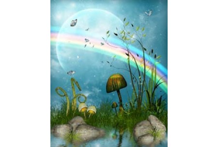  Волшебный сказочный пейзаж с прудом под радугой