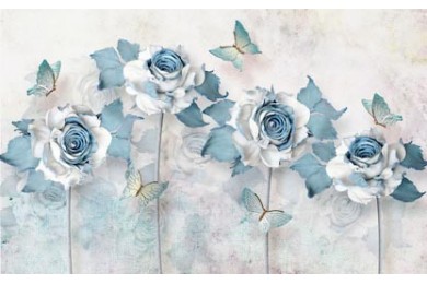 Абстрактные сине белые розы с бабочками на стеблях