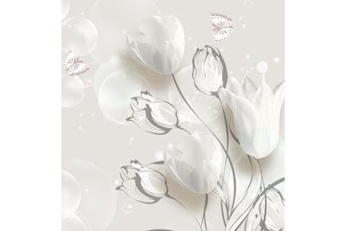 Белые тюльпаны на фоне нарисованных серых цветов