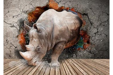  Носорог ломающий бетонную стену в комнате