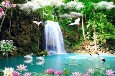Водопад в горную реку в которой плавают лебеди