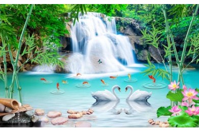 Белые лебеди и золотые рыбки плавают возле водопада