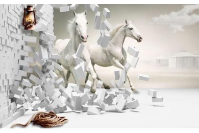 Белые лошади бегущие сквозь белую кирпичную стену