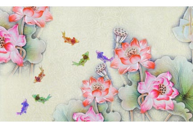 Цветные рыбки плавающие возле водных лилий 