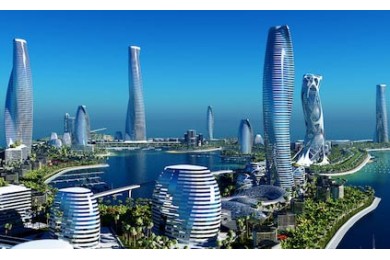 3D-город будущего расположенный на побережье