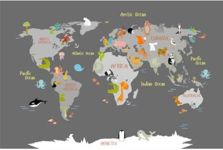 Детская карта мира c живоными на темно-сером фоне