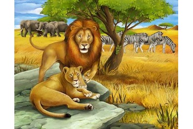 Лев и львица на камне и зебра со слонами на фоне