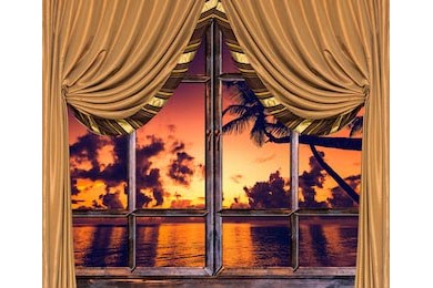 Вид из открытого окна с занавеской на закат