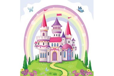 Красивый цветочный луг с радугой и волшебным замком