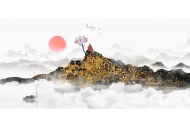Буддист на горе в тумане наблюдает закат солнца