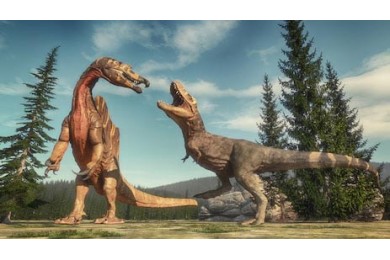 Битва спинозавра и тираннозавром в юрской долине