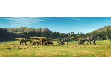 Большие динозавры гуляющие по горной зеленой долине