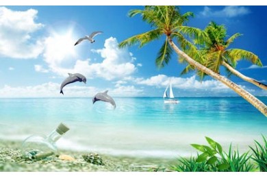 Вид на море и пляж с кокосовыми пальмами