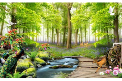 Зеленый лес с животными у реки Зеленый лес с животными у реки