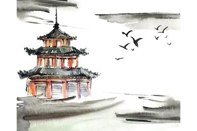 Акварель и чернила китайского ландшафта с птицами