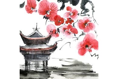 Китайская живопись сакура на фоне ландшафта