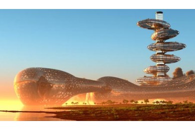 Город будущего на побережье во время заката 3D
