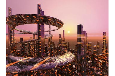 Футуристический город на закате, 3D иллюстрация Футуристический город на закате, 3D иллюстрация