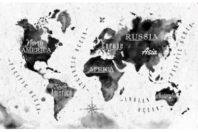 Карта мира в черно-белой графике чернилами