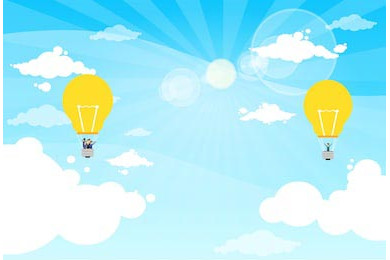 Люди в воздушных шарах в форме лампочки на фоне неба Люди в воздушных шарах в форме лампочки на фоне неба