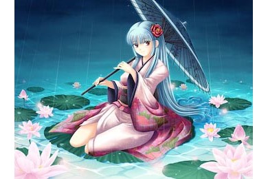 Девушка анимэ с синими волосами в реке с лотосами 