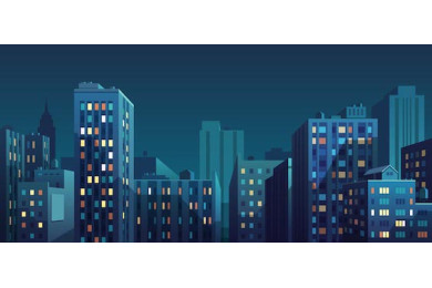 Ночной городской пейзаж домов с горящими окошками