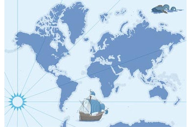 Контурная карта с кораблем и морским существом Контурная карта с кораблем и морским существом