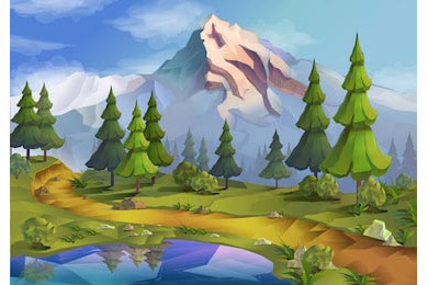 Горное озеро у дорожки ведущей к горам 