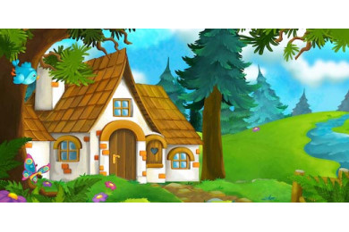 Маленький домик в лесу с птичками и бабочками у реки